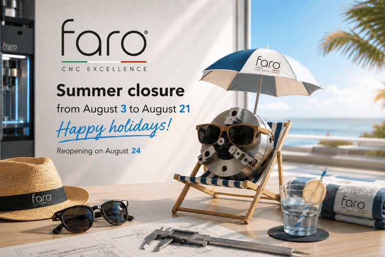 FARO CNC summer closure announcement showing a CNC chuck relaxing on a beach chair, with closure dates from August 3 to August 21, 2026, and reopening on August 24.